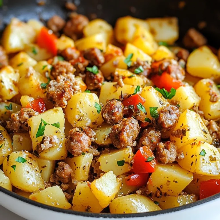 - 1 lb spicy Italian sausage - 4 medium-sized potatoes - 1 large onion - 2 cloves garlic - 1 red bell pepper - Olive oil and spices To make the best sausage and potato skillet, you need simple, fresh ingredients. Start with spicy Italian sausage. Its rich flavor makes a great base for this dish. You will use about one pound, which is enough for four servings. Next, get four medium-sized potatoes. Dice them into small pieces. This helps them cook evenly and adds texture. You also need one large onion. Chop it into small bits. It adds sweetness and depth to the dish. Don’t forget the garlic! Use two cloves. Mince them finely for a strong flavor kick. A red bell pepper adds color and taste. Dice it up and mix it in later. Lastly, gather olive oil, dried oregano, smoked paprika, salt, and pepper. These spices will bring all the flavors together. With these ingredients, you can create a hearty, one-pan meal that is both satisfying and easy to prepare. {{ingredient_image_1}} Preparing the potatoes Start by dicing your potatoes into small cubes. This helps them cook faster and evenly. Heat two tablespoons of olive oil in a large skillet over medium heat. Once the oil is hot, add the diced potatoes. Cook them for about 10 to 15 minutes. Stir occasionally until they turn golden brown and feel tender. Cooking the sausage Once your potatoes are ready, push them to one side of the skillet. In the empty space, add one pound of spicy Italian sausage. Break it apart with a spatula as it cooks. You want it browned and cooked through, which takes about 5 to 7 minutes. This will add a nice flavor to your dish. Incorporating onions and bell peppers After the sausage is cooked, it's time to add more flavor. Toss in one large chopped onion and one diced red bell pepper. Stir everything together well. Cook for about 5 minutes until the vegetables soften. This adds sweetness and color to your skillet. Stirring in garlic Next, add two cloves of minced garlic to the mix. Garlic brings a wonderful aroma and taste. Stir it in and let it cook for a minute or so. You want the garlic fragrant but not burnt. Adding herbs and spices Now, it's time to amp up the taste. Sprinkle one teaspoon of dried oregano and one teaspoon of smoked paprika over the mixture. Add salt and pepper to your liking. These spices enhance the flavor, making it more delicious. Final cooking steps Stir the entire mixture well to combine everything. Let it cook for another 2 to 3 minutes. This allows the flavors to meld beautifully. Once done, remove the skillet from the heat. For a touch of freshness, garnish with chopped parsley before serving. Achieving crispy potatoes To get crispy potatoes, start with dry diced pieces. Pat them with a towel. Use medium heat and let them cook without stirring too much. This helps them brown nicely. Stir them every few minutes. Cook for about 10-15 minutes until they are golden and tender. Perfect sausage browning For perfect sausage, use a hot skillet. Add sausage to the empty side of your pan. Break it up with a spatula as it cooks. Let it sit for a bit before stirring. This gives it a nice brown color. Cook for about 5-7 minutes until it's fully cooked. Fresh herbs for flavor Fresh parsley makes a great garnish. It adds color and a burst of flavor. Just chop it finely and sprinkle it on top before serving. You can also try fresh basil or chives for a twist. Serving suggestions Serve the skillet straight from the pan for a rustic look. Pair it with crusty bread for dipping. You can also add a side salad for crunch and freshness. Enjoy this meal with family and friends! Pro Tips Choose the Right Sausage: Opt for spicy Italian sausage for a kick, but feel free to use mild sausage if you prefer less heat. Perfectly Cooked Potatoes: Ensure the potatoes are cut evenly to achieve uniform cooking and browning. Add Extra Veggies: Customize by adding other vegetables like zucchini or spinach for added nutrition and flavor. Serving Suggestions: Serve with a side of eggs for breakfast or a fresh salad for a complete meal. {{image_2}} You can switch the sausage to chicken or turkey sausage. These options are leaner and still tasty. They give the dish a lighter feel, perfect for those watching their fat intake. Just cook them the same way as the spicy Italian sausage. If you want a vegetarian meal, use plant-based sausage. These products mimic the taste and texture of meat. They work well in this dish and add great flavor. You can also use beans for protein. Black beans or chickpeas add heartiness without meat. Feel free to swap out the vegetables based on the season. You can use zucchini in the summer or butternut squash in the fall. Root vegetables like carrots or parsnips bring a sweet touch in winter. Each change keeps the dish fresh and exciting. Adding greens boosts nutrition. Spinach or kale can cook down easily in the skillet. Toss them in the last few minutes of cooking. They add color and vitamins without much effort. You’ll enjoy a hearty meal that is also healthy! After you enjoy your sausage and potato skillet, store leftovers in an airtight container. Make sure to cool the dish before sealing it. The skillet meal keeps well in the fridge for about three to four days. When you’re ready to eat, reheat it on the stove over medium heat. Stir it often to warm it evenly. You can also use the microwave. Heat in 30-second bursts, stirring in between, until hot. You can freeze the skillet meal for later use. Allow it to cool completely before freezing. Transfer it into a freezer-safe container or a resealable bag. Squeeze out as much air as possible. Label it with the date and name of the dish. It will stay fresh for up to three months. To thaw, place it in the fridge overnight. For a quick option, you can use the microwave on the defrost setting. Make sure it heats evenly before serving. Can I use different types of sausage? Yes, you can! Feel free to swap spicy Italian sausage for other types. Chicken, turkey, or even pork sausage works well. Each type gives a unique flavor to the dish. Just make sure to cook it until browned. What can I serve with Sausage and Potato Skillet? This meal is filling on its own. You can add a green salad for freshness. Crusty bread for dipping is a nice touch too. You might also enjoy some pickles or hot sauce on the side. How do I make this dish spicier? To heat things up, try adding red pepper flakes. You can also use hot sausage instead of mild. Fresh jalapeños or a splash of hot sauce can boost the spice level. Adjust to your taste! This blog post covered a tasty and easy sausage and potato skillet recipe. We explored the key ingredients, simple cooking steps, and helpful tips for great results. You learned about variations, storage methods, and answered common questions too. This dish is flexible and fun to make. You can swap ingredients to fit your taste. Keep it simple and enjoy the cooking process. I hope you feel inspired to try this recipe and share it with friends and family!