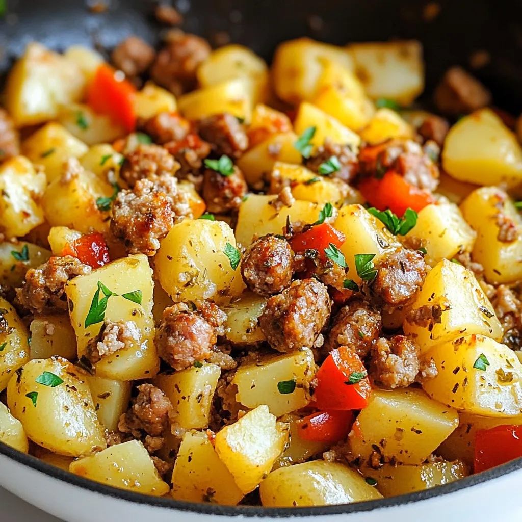 - 1 lb spicy Italian sausage - 4 medium-sized potatoes - 1 large onion - 2 cloves garlic - 1 red bell pepper - Olive oil and spices To make the best sausage and potato skillet, you need simple, fresh ingredients. Start with spicy Italian sausage. Its rich flavor makes a great base for this dish. You will use about one pound, which is enough for four servings. Next, get four medium-sized potatoes. Dice them into small pieces. This helps them cook evenly and adds texture. You also need one large onion. Chop it into small bits. It adds sweetness and depth to the dish. Don’t forget the garlic! Use two cloves. Mince them finely for a strong flavor kick. A red bell pepper adds color and taste. Dice it up and mix it in later. Lastly, gather olive oil, dried oregano, smoked paprika, salt, and pepper. These spices will bring all the flavors together. With these ingredients, you can create a hearty, one-pan meal that is both satisfying and easy to prepare. {{ingredient_image_1}} Preparing the potatoes Start by dicing your potatoes into small cubes. This helps them cook faster and evenly. Heat two tablespoons of olive oil in a large skillet over medium heat. Once the oil is hot, add the diced potatoes. Cook them for about 10 to 15 minutes. Stir occasionally until they turn golden brown and feel tender. Cooking the sausage Once your potatoes are ready, push them to one side of the skillet. In the empty space, add one pound of spicy Italian sausage. Break it apart with a spatula as it cooks. You want it browned and cooked through, which takes about 5 to 7 minutes. This will add a nice flavor to your dish. Incorporating onions and bell peppers After the sausage is cooked, it's time to add more flavor. Toss in one large chopped onion and one diced red bell pepper. Stir everything together well. Cook for about 5 minutes until the vegetables soften. This adds sweetness and color to your skillet. Stirring in garlic Next, add two cloves of minced garlic to the mix. Garlic brings a wonderful aroma and taste. Stir it in and let it cook for a minute or so. You want the garlic fragrant but not burnt. Adding herbs and spices Now, it's time to amp up the taste. Sprinkle one teaspoon of dried oregano and one teaspoon of smoked paprika over the mixture. Add salt and pepper to your liking. These spices enhance the flavor, making it more delicious. Final cooking steps Stir the entire mixture well to combine everything. Let it cook for another 2 to 3 minutes. This allows the flavors to meld beautifully. Once done, remove the skillet from the heat. For a touch of freshness, garnish with chopped parsley before serving. Achieving crispy potatoes To get crispy potatoes, start with dry diced pieces. Pat them with a towel. Use medium heat and let them cook without stirring too much. This helps them brown nicely. Stir them every few minutes. Cook for about 10-15 minutes until they are golden and tender. Perfect sausage browning For perfect sausage, use a hot skillet. Add sausage to the empty side of your pan. Break it up with a spatula as it cooks. Let it sit for a bit before stirring. This gives it a nice brown color. Cook for about 5-7 minutes until it's fully cooked. Fresh herbs for flavor Fresh parsley makes a great garnish. It adds color and a burst of flavor. Just chop it finely and sprinkle it on top before serving. You can also try fresh basil or chives for a twist. Serving suggestions Serve the skillet straight from the pan for a rustic look. Pair it with crusty bread for dipping. You can also add a side salad for crunch and freshness. Enjoy this meal with family and friends! Pro Tips Choose the Right Sausage: Opt for spicy Italian sausage for a kick, but feel free to use mild sausage if you prefer less heat. Perfectly Cooked Potatoes: Ensure the potatoes are cut evenly to achieve uniform cooking and browning. Add Extra Veggies: Customize by adding other vegetables like zucchini or spinach for added nutrition and flavor. Serving Suggestions: Serve with a side of eggs for breakfast or a fresh salad for a complete meal. {{image_2}} You can switch the sausage to chicken or turkey sausage. These options are leaner and still tasty. They give the dish a lighter feel, perfect for those watching their fat intake. Just cook them the same way as the spicy Italian sausage. If you want a vegetarian meal, use plant-based sausage. These products mimic the taste and texture of meat. They work well in this dish and add great flavor. You can also use beans for protein. Black beans or chickpeas add heartiness without meat. Feel free to swap out the vegetables based on the season. You can use zucchini in the summer or butternut squash in the fall. Root vegetables like carrots or parsnips bring a sweet touch in winter. Each change keeps the dish fresh and exciting. Adding greens boosts nutrition. Spinach or kale can cook down easily in the skillet. Toss them in the last few minutes of cooking. They add color and vitamins without much effort. You’ll enjoy a hearty meal that is also healthy! After you enjoy your sausage and potato skillet, store leftovers in an airtight container. Make sure to cool the dish before sealing it. The skillet meal keeps well in the fridge for about three to four days. When you’re ready to eat, reheat it on the stove over medium heat. Stir it often to warm it evenly. You can also use the microwave. Heat in 30-second bursts, stirring in between, until hot. You can freeze the skillet meal for later use. Allow it to cool completely before freezing. Transfer it into a freezer-safe container or a resealable bag. Squeeze out as much air as possible. Label it with the date and name of the dish. It will stay fresh for up to three months. To thaw, place it in the fridge overnight. For a quick option, you can use the microwave on the defrost setting. Make sure it heats evenly before serving. Can I use different types of sausage? Yes, you can! Feel free to swap spicy Italian sausage for other types. Chicken, turkey, or even pork sausage works well. Each type gives a unique flavor to the dish. Just make sure to cook it until browned. What can I serve with Sausage and Potato Skillet? This meal is filling on its own. You can add a green salad for freshness. Crusty bread for dipping is a nice touch too. You might also enjoy some pickles or hot sauce on the side. How do I make this dish spicier? To heat things up, try adding red pepper flakes. You can also use hot sausage instead of mild. Fresh jalapeños or a splash of hot sauce can boost the spice level. Adjust to your taste! This blog post covered a tasty and easy sausage and potato skillet recipe. We explored the key ingredients, simple cooking steps, and helpful tips for great results. You learned about variations, storage methods, and answered common questions too. This dish is flexible and fun to make. You can swap ingredients to fit your taste. Keep it simple and enjoy the cooking process. I hope you feel inspired to try this recipe and share it with friends and family!