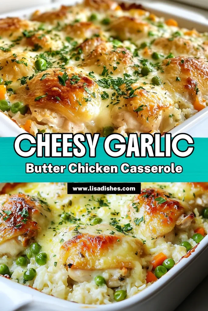Indulge in the cozy flavors of this Garlic Butter Chicken Casserole. This easy chicken casserole with garlic combines tender chicken thighs, creamy sauce, and cheesy goodness, making it a perfect Chicken and Rice Casserole recipe for your family. With just a few simple ingredients, you can whip up this Cheesy Chicken Rice Bake that everyone will love! Save this recipe for an effortless weeknight dinner! #GarlicButterChickenCasserole #EasyCasserole #CheesyRiceBake #CreamyChickenDinner