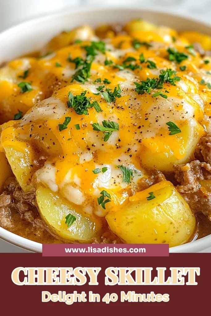 Looking for a delicious and easy one-pan dinner? Try this cheesy meat and potato skillet! Packed with ground beef and tender potatoes, this hearty skillet meal is a perfect weeknight solution. The combination of melted cheddar cheese makes it reminiscent of a cheesy potato casserole. In just 40 minutes, you can enjoy a flavorful ground beef potato recipe your family will love. Save this recipe now! #OnePanDinner #CheesyCasserole #HeartyMeals #GroundBeefRecipes