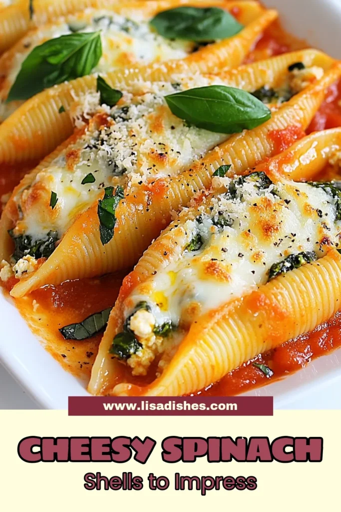Indulge in this easy ricotta cheese recipe featuring cheesy spinach ricotta shells that will impress your family! This stuffed pasta shells recipe combines jumbo shells with a creamy spinach and ricotta filling, all baked in rich marinara sauce for a delicious vegetarian pasta dinner. Perfect for any occasion! Save this baked spinach pasta dish for your next meal. #PastaRecipes #Vegetarian #CheesySpinach #EasyDinnerIdeas