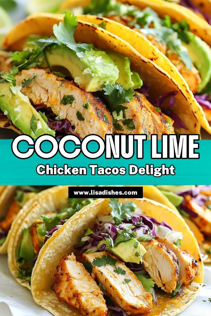 Looking for a delicious and vibrant meal? Try these Coconut Lime Chicken Tacos! This easy chicken taco recipe combines marinated chicken in creamy coconut milk and zesty lime, creating tropical chicken tacos that will elevate your weeknight dinner. Pair with avocado and cilantro for an irresistible flavor explosion. Save this recipe for your next taco night and impress your friends! #CoconutLimeChickenTacos #EasyChickenTacoRecipe #TropicalChickenTacos #AvocadoCilantroTacos