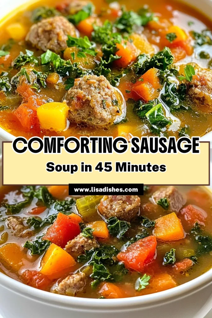 Warm up with this delicious hearty sausage soup, packed with flavor and nutrition! This easy sausage soup features Italian sausage, kale, and wholesome veggies for a healthy soup that’s perfect for any occasion. Enjoy this comforting one pot sausage soup as a family favorite or meal prep essential. Try this Italian sausage soup recipe today and savor every bite! Save this recipe for later! #HeartySausageSoup #HealthySoupWithKale #EasySausageSoup #OnePotSausageSoup