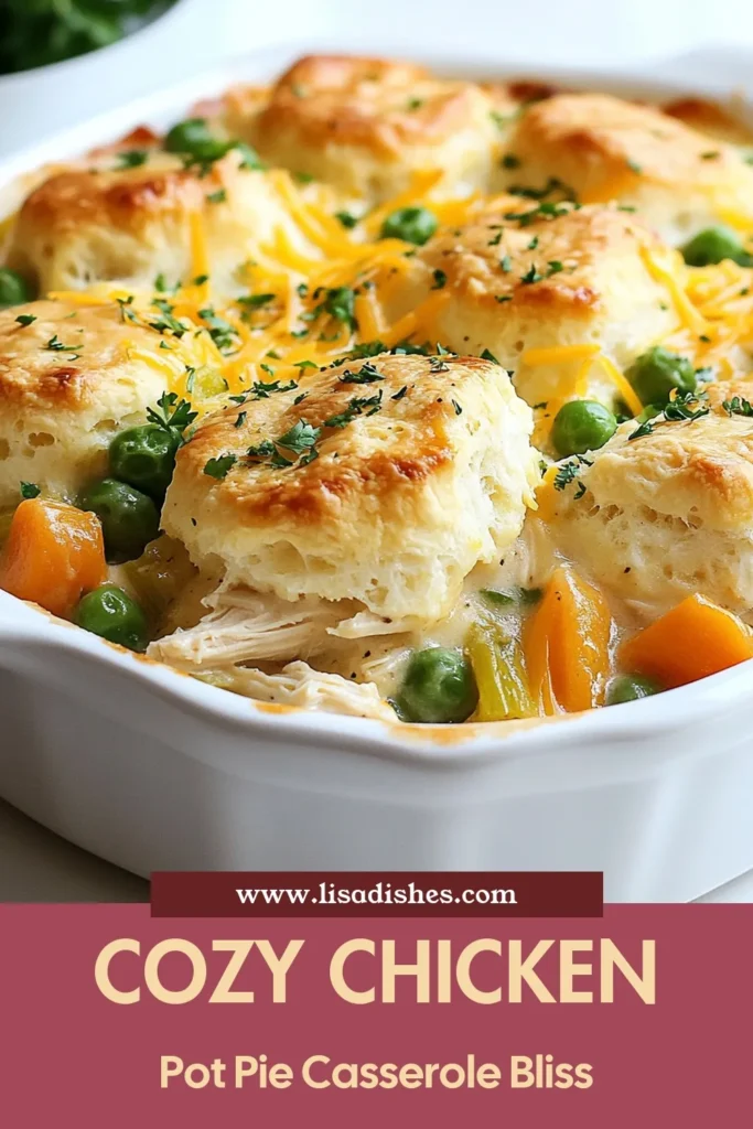 Discover the ultimate comfort food with this Chicken Pot Pie Casserole! This easy chicken dinner recipe is perfect for busy nights, combining shredded chicken, mixed veggies, and a creamy sauce, all topped with fluffy biscuit dough. It's a cozy chicken casserole that will warm your heart and satisfy your cravings. Enjoy a hearty pot pie recipe that's simple to make and delicious to eat. Try this chicken and biscuit bake tonight! Save this recipe for later! #ChickenPotPieCasserole #EasyDinner #CozyMeals #ComfortFood