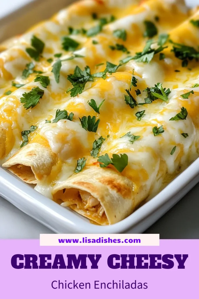 Indulge in these Cheesy Chicken Enchiladas with White Sauce that will become a family favorite! This easy enchiladas recipe features creamy chicken enchiladas smothered in a delectable white sauce. With simple ingredients like shredded chicken, Monterey Jack cheese, and sour cream, you'll have a comforting meal ready in just 45 minutes. Perfect for any night of the week! Save this recipe for delicious Chicken Enchiladas with Cheese. #CheesyEnchiladas #WhiteSauceEnchiladas #EasyRecipe #ChickenDinner