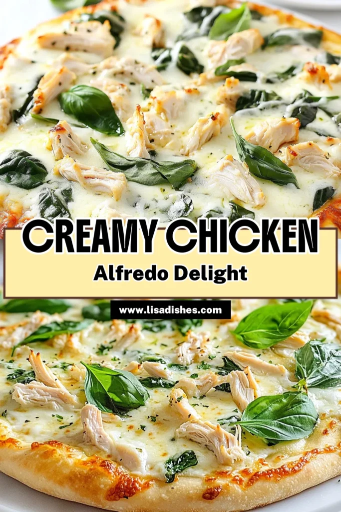 Discover the ultimate Chicken Alfredo pizza recipe that will impress everyone! This easy pizza recipe combines homemade or pre-made crust with creamy Alfredo sauce, tender chicken, and fresh spinach for a delicious twist on traditional flavors. Perfect for pizza night, this Alfredo sauce pizza is a must-try. Make your own homemade pizza with chicken and mozzarella in just 30 minutes! Save this recipe now! #ChickenAlfredoPizza #EasyPizzaRecipes #AlfredoSaucePizza #HomemadePizzaWithChicken