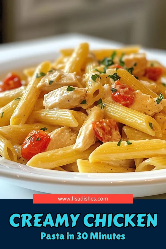 Indulge in this creamy chicken penne recipe, perfect for a quick weeknight meal. This easy penne pasta dish combines tender chicken with rich cream and zesty tomatoes for a delightful Italian creamy chicken recipe. Ready in just 30 minutes, it's a one-pan chicken penne dinner your family will love. Try this delicious chicken pasta with cream and watch it become a favorite! Save for later! #ChickenPenne #PastaRecipe #OnePanDinner #ItalianCuisine