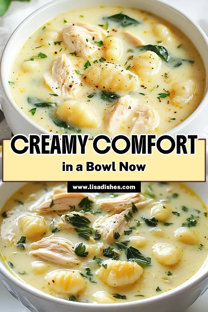 Discover the ultimate comfort food with this creamy chicken gnocchi soup! This Instant Pot chicken gnocchi recipe is not only easy to make but also packed with flavor. With tender chicken, creamy broth, and nutritious spinach, it's a hearty gnocchi soup recipe the whole family will love. Perfect for busy weeknights, this easy chicken soup will become a dinner favorite. Save this recipe and enjoy a warm bowl tonight! #ChickenGnocchi #InstantPotRecipes #SoupLovers #ComfortFood