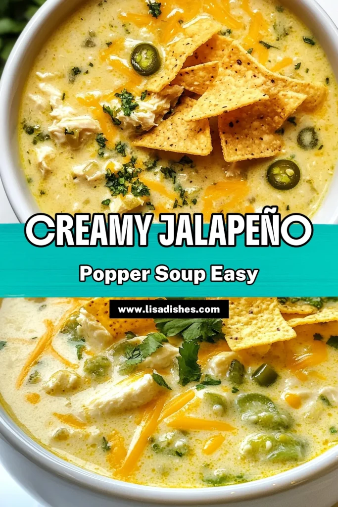 Discover the ultimate comfort food with this vibrant Jalapeño Popper Chicken Soup. This creamy chicken soup recipe combines tender chicken, cheesy goodness, and a spicy kick that makes it an irresistible choice. Perfect for chilly nights, this easy chicken soup recipe is a must-try! Enjoy every spoonful of this delicious jalapeño soup with cheese. Save it now and impress your taste buds! #JalapeñoPopperChickenSoup #CreamyChickenSoup #SpicyChickenSoup #EasyChickenSoupRecipe