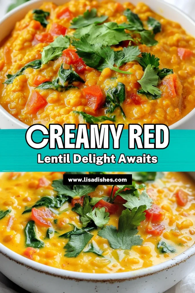 Discover the delights of this creamy red lentil curry that's both hearty and satisfying! This easy lentil curry uses red lentils combined with aromatic spices, coconut milk, and fresh spinach for a delicious vegetarian curry recipe. Perfect for cozy dinners, this creamy lentil recipe is sure to impress. Ready to spice up your meals? Try it out, save this pin, and share with friends! #RedLentilCurry #EasyLentilCurry #VegetarianCurry #CoconutMilkCurry