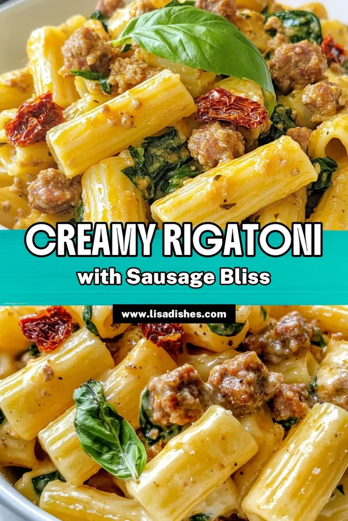Indulge in this Creamy Italian Sausage Rigatoni, the perfect dish for pasta lovers! This easy rigatoni recipe combines juicy Italian sausage with rich cream, sun-dried tomatoes, and fresh spinach for a delightful meal. Perfect for quick dinners or a cozy gathering, this creamy pasta dish is sure to impress. Ready in just 30 minutes! Save this Italian sausage pasta recipe for your next cooking adventure! #CreamyPasta #ItalianSausage #EasyRigatoni #SunDriedTomatoRecipes