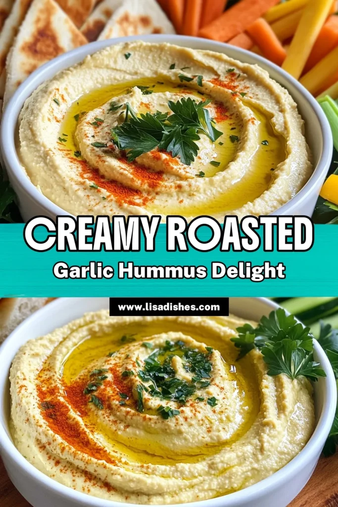 Savor the delightful flavors of this creamy roasted garlic hummus! Perfect as a healthy hummus appetizer, this vegan garlic dip will impress your guests. Our easy creamy hummus recipe combines roasted garlic, tahini, and spices for a delicious homemade tahini hummus that everyone will love. Ready in just 45 minutes, it's a treat for any occasion! Try it today and elevate your snacks! #RoastedGarlicHummus #VeganDip #HealthyAppetizer #HummusRecipe