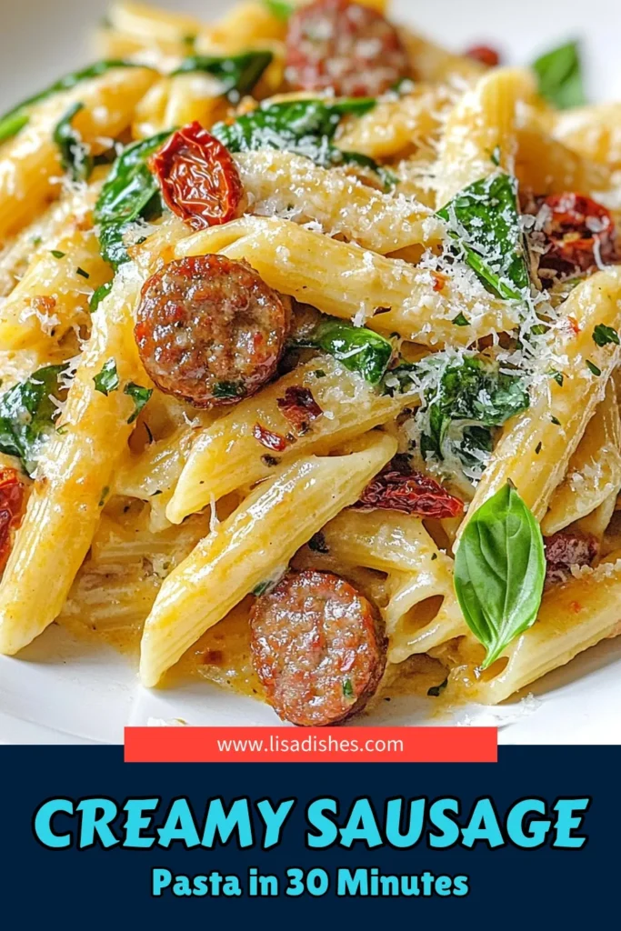 Discover the ultimate creamy sausage pasta with this easy creamy pasta recipe featuring smoked sausage! Perfect for busy weeknights, this creamy smoked sausage pasta comes together in just 30 minutes. Featuring penne pasta, sun-dried tomatoes, and fresh spinach, this dish will impress family and friends. Don't miss out on these delicious smoked sausage recipes! Try it today! #CreamyPasta #PennePastaDishes #SmokedSausageRecipes #ItalianSausagePasta