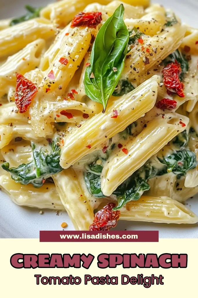 Savor the deliciousness of Spinach Sun-Dried Tomato Pasta with this creamy spinach pasta recipe that's perfect for busy weeknights! This easy sun-dried tomato dish combines fresh spinach and savory flavors for a satisfying vegetarian pasta recipe. Whip up this quick dinner idea in just 20 minutes and impress your family or guests. Don't forget to save this recipe for later! #PastaRecipe #VegetarianDinner #EasyRecipes #QuickDinnerIdeas