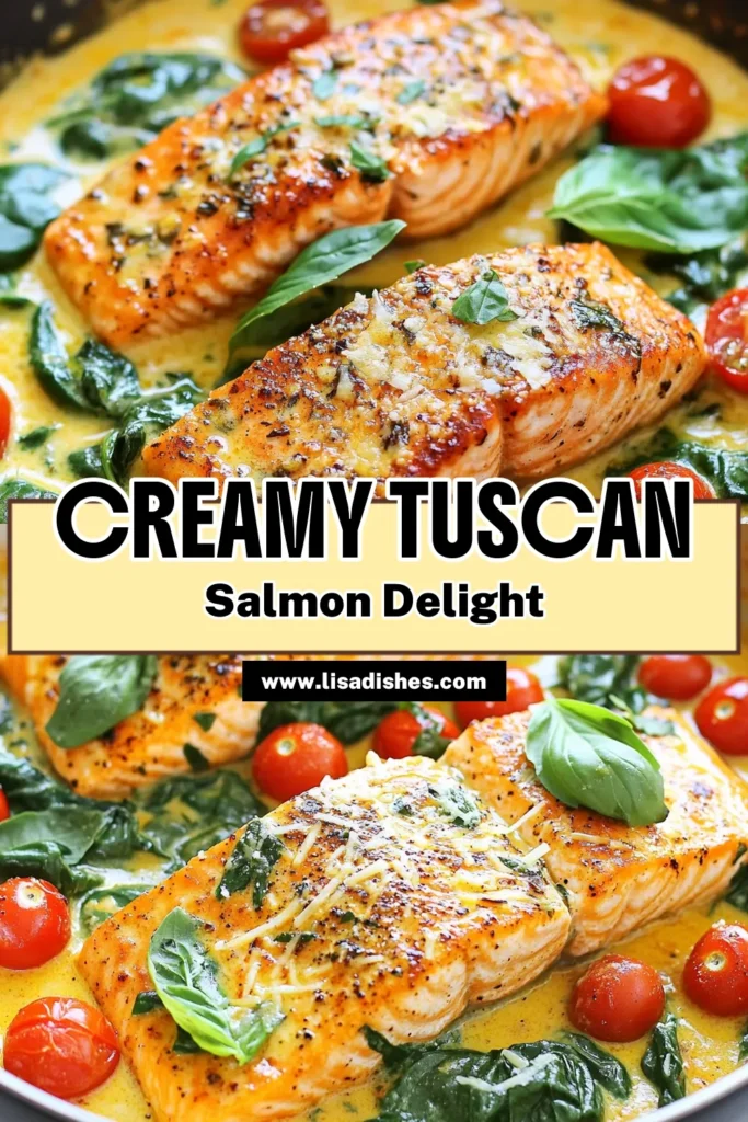 Discover a delicious Tuscan salmon recipe that makes an easy skillet salmon dinner. This creamy salmon with spinach features tender salmon fillets simmered in a rich, flavorful sauce with cherry tomatoes and Italian herbs. Perfect for a weeknight meal, this Italian salmon dish is quick to prepare and packed with flavor. Save this recipe for a delightful dinner tonight! #TuscanSalmon #SalmonRecipe #SkilletDinner #ItalianCuisine
