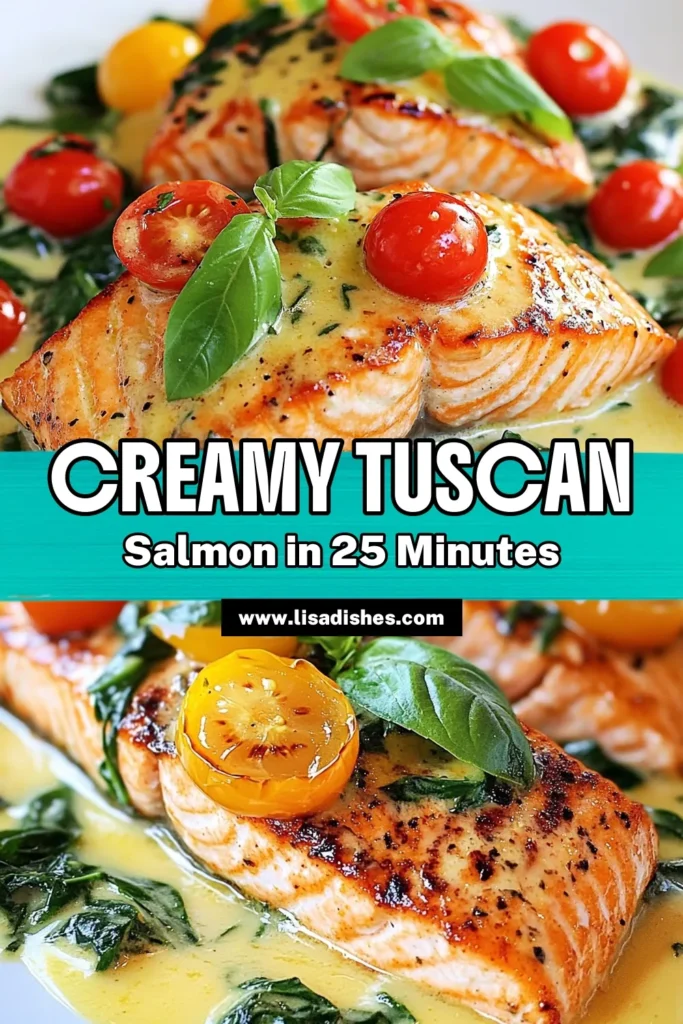 Looking for a delicious and simple dinner? Try this Creamy Tuscan Salmon recipe that effortlessly combines juicy salmon with a rich Tuscan cream sauce. It's an easy salmon dinner perfect for busy weeknights! With garlic, spinach, and tomatoes, this garlic spinach salmon dish is both indulgent and nutritious. Enjoy quick salmon meals that impress. Save this recipe for a delightful culinary experience! #SalmonRecipe #EasyDinner #TuscanCuisine #QuickMeals