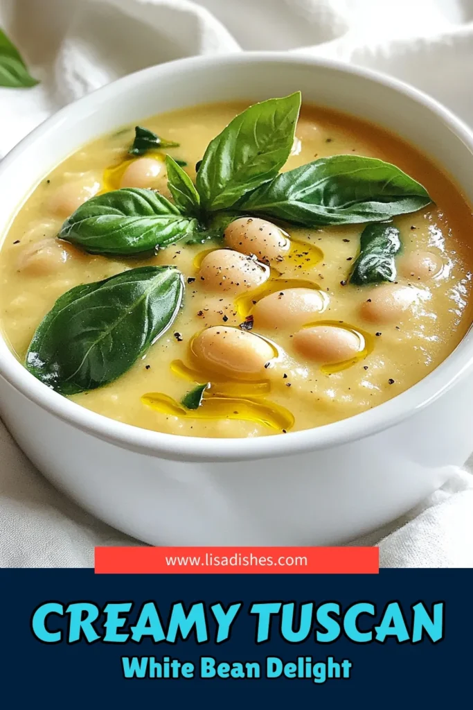 Warm up your dinner table with this delicious Creamy Tuscan White Bean Soup! With a rich blend of white beans, coconut milk, and fresh veggies, this comforting recipe is both simple and nutritious. Perfect for chilly evenings, it’s ready in under an hour and serves four. Click through to explore the full recipe and enjoy the creamy goodness topped with fresh basil. #CreamySoups #ComfortFood #HealthyRecipes #VeganDelights
