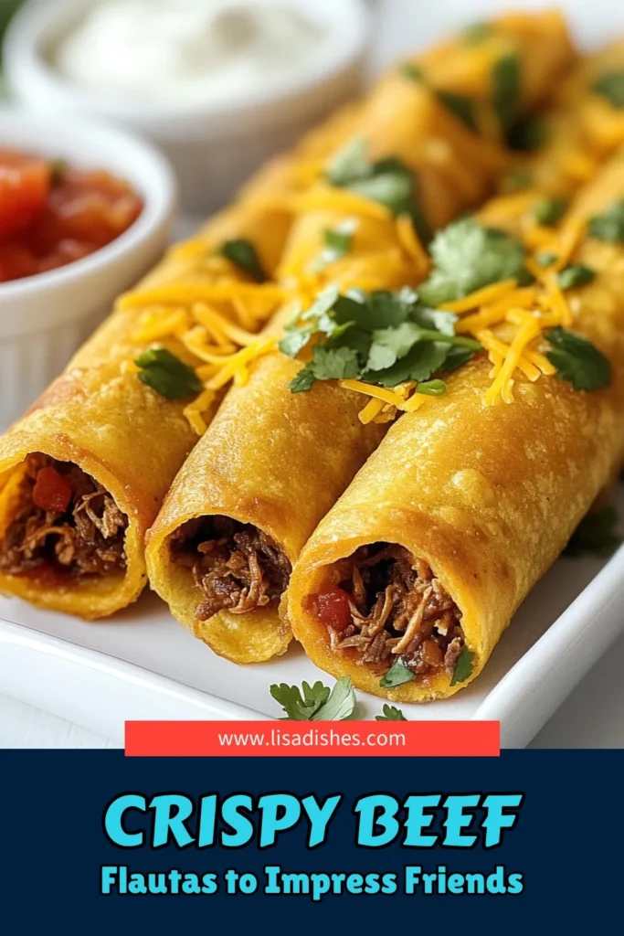 Discover the magic of crispy beef flautas with this easy shredded beef recipe! Perfect for any occasion, these homemade flautas are filled with savory shredded beef and melted cheese, all wrapped in crispy corn tortillas. Serve them warm with fresh salsa and sour cream for the ultimate Mexican flautas experience. Try this delicious recipe today and impress your family and friends! Save for later! #CrispyBeefFlautas #EasyFlautas #HomemadeFlautas #MexicanFlautas