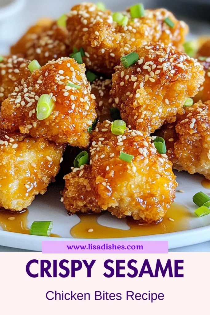 Discover the irresistible Crispy Sesame Chicken Bites, perfect for a family dinner or as a tasty Sesame Chicken Appetizer! This easy Honey Sesame Chicken Recipe features baked chicken bites that are golden and crunchy. With a simple blend of ingredients, you’ll create a mouthwatering dish that everyone will love. Make your meal special—try this Easy Chicken Dinner Recipe today! Save for later! #CrispySesameChicken #ChickenBites #EasyDinner #AppetizerIdeas