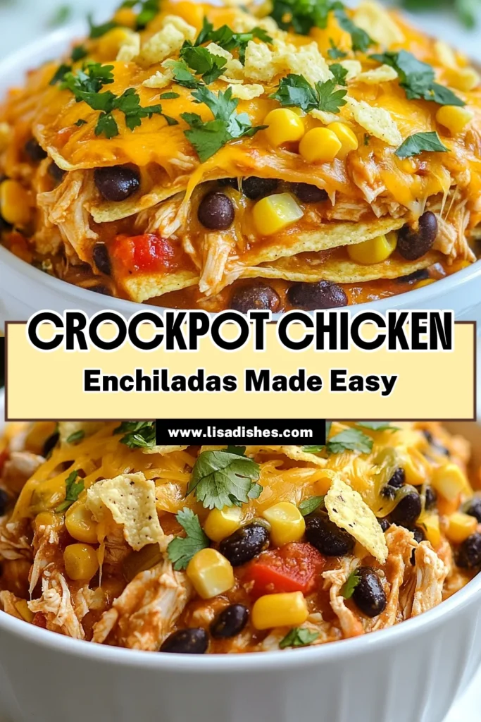Discover the ultimate Crockpot Chicken Enchilada Casserole, a delicious and easy chicken casserole recipe that's perfect for busy nights! This slow cooker enchiladas dish combines shredded chicken, black beans, and cheesy goodness for a meal your family will love. Perfect for a weeknight dinner, this savory dish is a must-try! Save this easy recipe for your next gathering! #CrockpotChickenEnchilada #EasyCasserole #CheesyEnchiladas #ShreddedChickenDinner