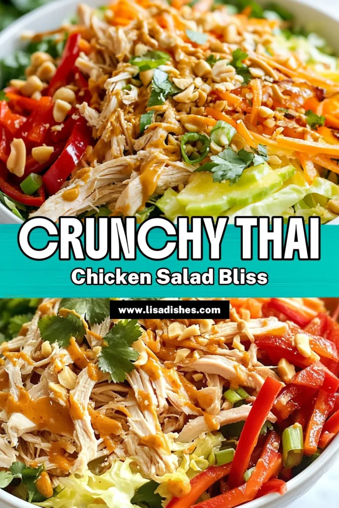 Discover the vibrant flavors of this Crunchy Thai Chicken Salad, a fantastic addition to your healthy Thai recipes. Packed with fresh veggies, shredded chicken, and a delectable homemade fresh salad dressing, this Asian chicken salad is the ultimate crunchy salad recipe. Perfect for meal prep or a quick dinner! Try it today and bring a taste of Thailand to your table. Save this recipe for a refreshing crunch and healthy goodness! #ThaiChickenSalad #CrunchySaladRecipes #HealthyThaiRecipes #AsianChickenSalad