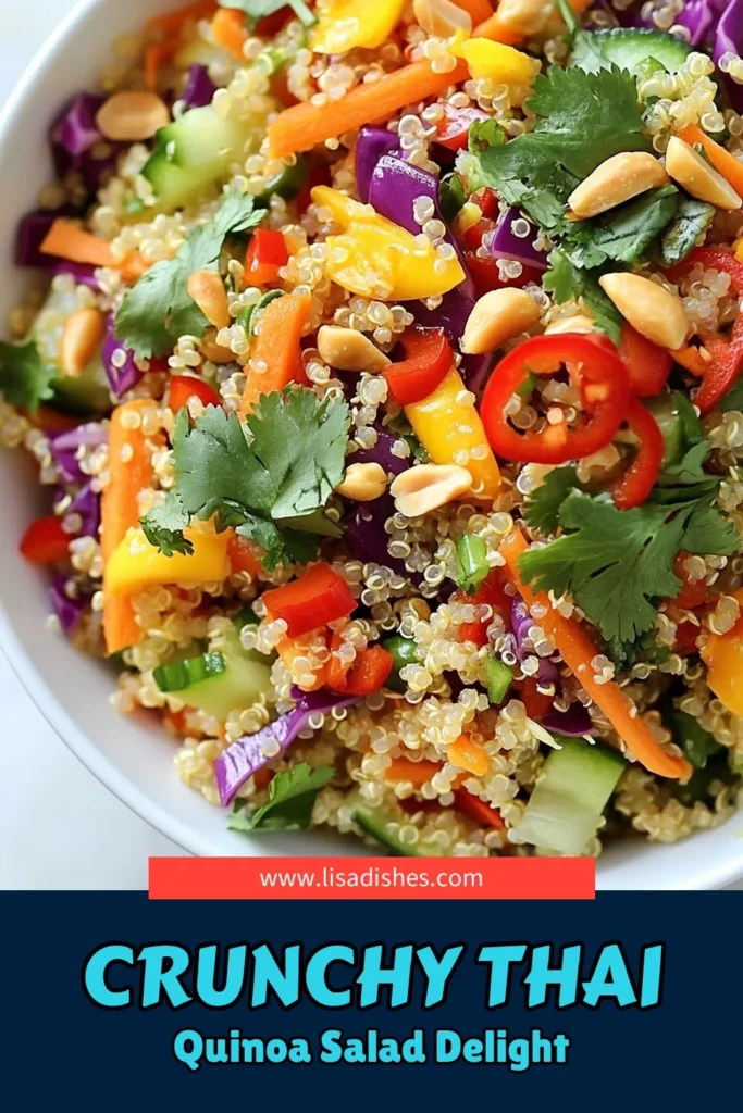 Discover the vibrant flavors of this Crunchy Thai Quinoa Salad! This healthy Thai salad is packed with colorful veggies and topped with a delicious quinoa salad with peanut dressing. Perfect as a quick meal or a satisfying side, this crunchy quinoa salad recipe is vegan and nutritious. Try it today and enjoy the perfect blend of taste and health. Don't miss out—save this recipe for your next meal prep! #ThaiQuinoaSalad #VeganThaiSalad #HealthyRecipes #QuinoaSalad