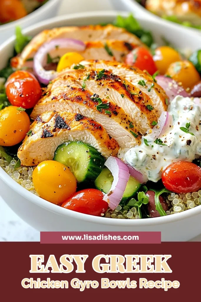Discover a delicious Greek chicken gyro bowl recipe that combines grilled chicken and vibrant Mediterranean flavors. This healthy chicken gyro bowl features quinoa, fresh veggies, and a creamy tzatziki sauce recipe that'll elevate your meals. Perfect for meal prep, this grilled chicken gyro bowl is a family favorite. Save this Mediterranean quinoa bowl idea for your next dinner! #GreekChickenGyroBowl #HealthyEating #MediterraneanDiet #TzatzikiSauce