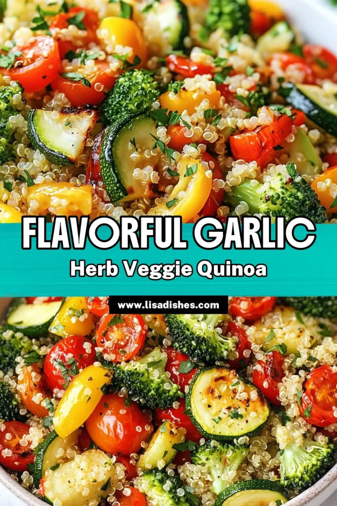 Looking for a delicious and healthy meal? Try this Garlic Herb Quinoa Recipe featuring Roasted Vegetable Quinoa! Bursting with flavor, this Healthy Quinoa Salad combines quinoa with roasted veggies like red bell peppers, zucchini, and broccoli. It’s the perfect Easy Veggie Quinoa Dish for lunch or dinner. Enjoy a nutritious bite that’s both satisfying and simple. Save this recipe for your next meal prep! #QuinoaWithRoastedVeggies #HealthyRecipes #VeggieQuinoa #QuinoaSalad