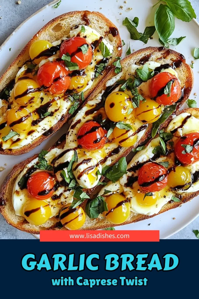Discover the delightful Caprese garlic bread, a perfect addition to your Italian bread recipes. This easy appetizer combines garlic bread with tomatoes and mozzarella, topped with fresh basil and a drizzle of balsamic glaze. Ideal for gatherings or as a delicious starter, this simple recipe will impress your guests. Try it today and elevate your meal! Save this recipe for your next gathering! #CapreseGarlicBread #ItalianBreadRecipes #EasyAppetizerRecipes #BalsamicGlazeRecipes