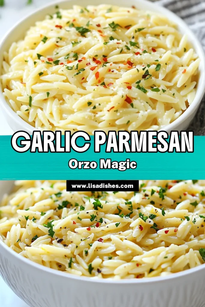 Savor the creamy goodness of Garlic Parmesan Orzo, a delightful orzo pasta recipe that's perfect for any meal! This vegetarian orzo recipe combines tender orzo pasta with rich garlic and buttery Parmesan for an easy garlic pasta that everyone will love. Perfect as a side dish or a main course! Try this Garlic Parmesan Orzo today and elevate your dining experience. Save this recipe for later! #OrzoPasta #GarlicParmesanOrzo #VegetarianRecipes #EasyPasta