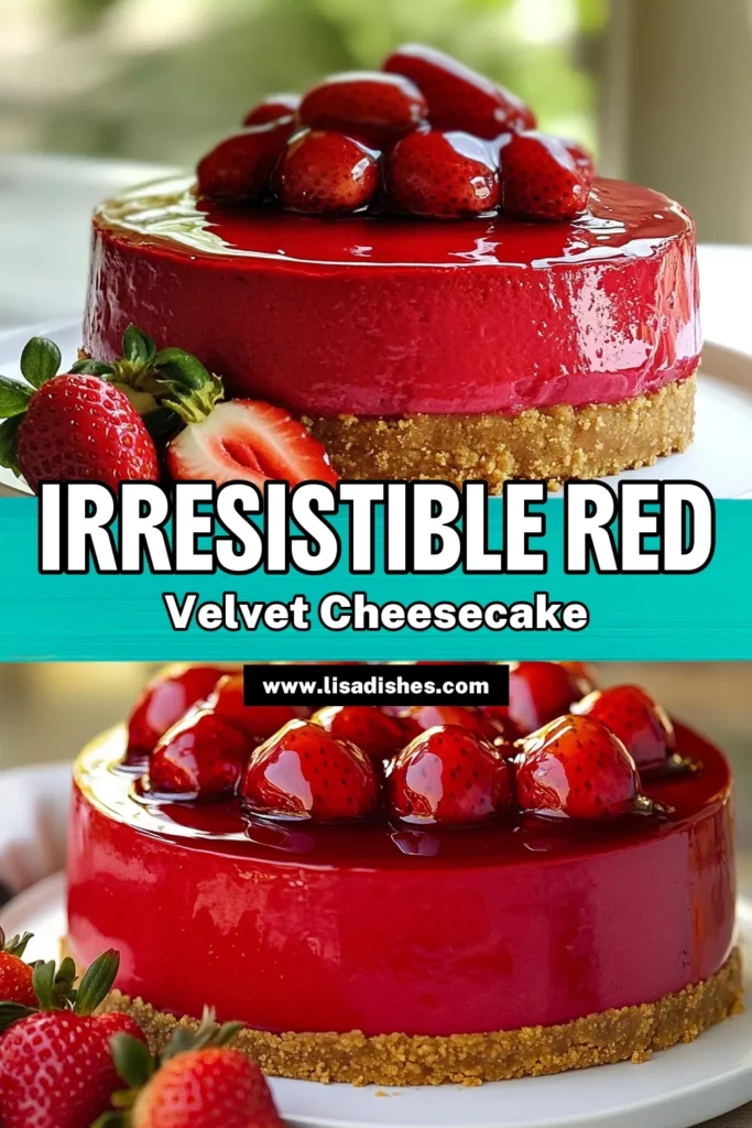 Indulge in a slice of heaven with this exquisite Red Velvet Strawberry Cheesecake! This delightful dessert features a buttery graham cracker crust, creamy cheesecake infused with cocoa and vibrant red food coloring, topped with fresh, juicy strawberries. Perfect for parties or special occasions, this recipe is sure to impress. Click to explore step-by-step instructions and savor the taste of luxury today! #CheesecakeRecipe #RedVelvet #DessertLovers #BakingIdeas