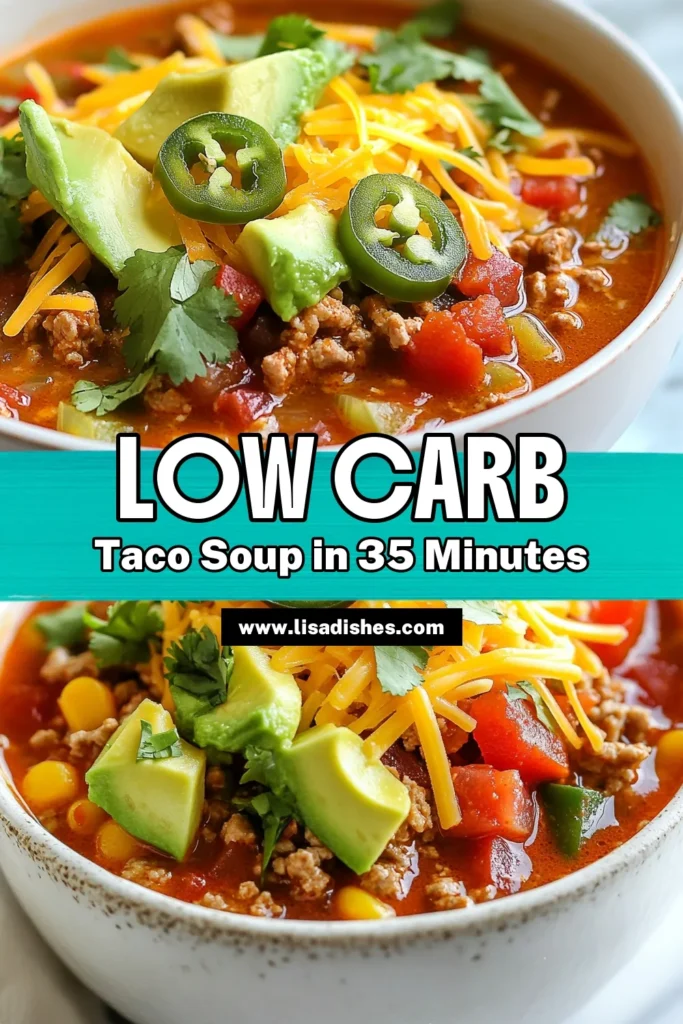 Looking for a delicious and satisfying meal? Try this low carb taco soup! Packed with ground turkey, fresh veggies, and zesty flavors, it’s an easy taco soup that fits perfectly into your healthy eating plan. This healthy taco soup recipe is a must-try for anyone looking for low carb soup recipes. Ready in just 35 minutes, it's perfect for a quick dinner. Get the recipe now and enjoy! #LowCarbTacoSoup #HealthyTacoSoup #GroundTurkeyTacoSoup #EasyTacoSoup