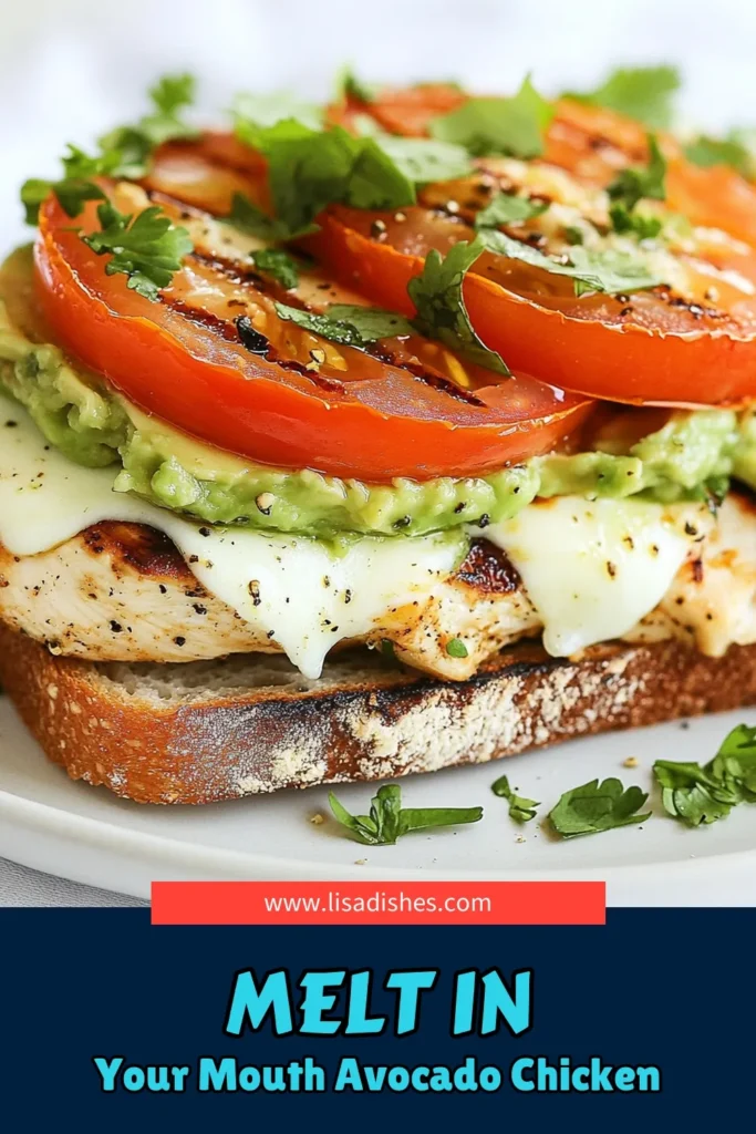 Savor the deliciousness of this grilled chicken avocado melt, a perfect avocado sandwich recipe for healthy eaters! This healthy chicken melt features juicy grilled chicken, creamy avocado, and gooey mozzarella on whole grain bread. With just 30 minutes of prep, it’s easy to make and sure to impress. Try this mozzarella chicken avocado recipe today and elevate your sandwich game! Save this recipe for later! #GrilledChicken #AvocadoMelt #HealthyEating #SandwichRecipe