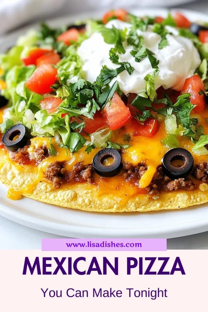 Savor this delicious copycat Mexican pizza recipe that's perfect for any night! With easy steps, you'll enjoy a homemade Mexican pizza featuring a crispy tortilla base loaded with seasoned ground beef, refried beans, and fresh toppings. This tortilla pizza recipe is a hit for taco lovers. Try this quick taco pizza with beef, and impress your family! Don’t forget to save this recipe for later! #MexicanPizza #TacoPizza #HomemadePizza #EasyRecipes