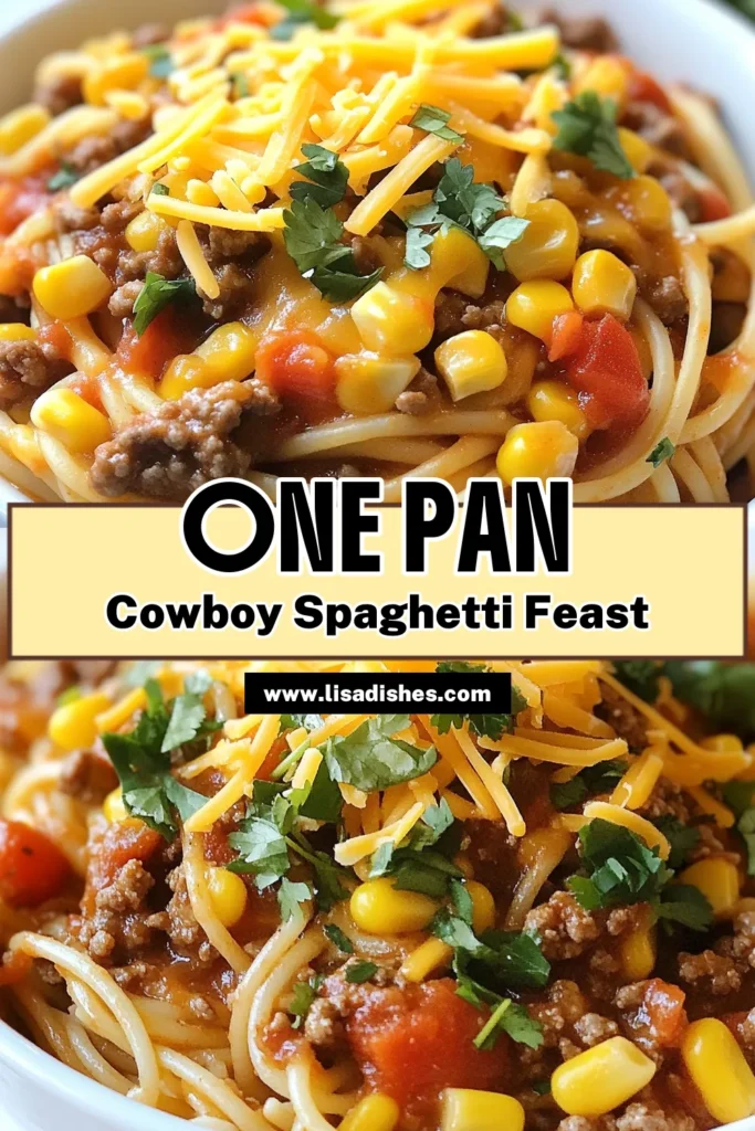 Savor the taste of the Wild West with this Cowboy Spaghetti recipe! This easy spaghetti with ground beef blends hearty flavors into a delectable cheesy cowboy pasta that the whole family will love. Ready in just 30 minutes, it's the perfect one-pot spaghetti dinner for busy nights. Enjoy this southwestern spaghetti dish that combines beef, veggies, and cheddar cheese for a comforting meal. Save this recipe now and make dinner a breeze! #CowboySpaghetti #EasySpaghetti #OnePotDinner #CheesyPasta