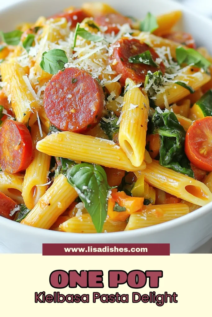 Discover the mouthwatering flavors of One Pot Kielbasa Pasta, a perfect dish for busy nights! This recipe combines penne pasta with kielbasa, zesty vegetables, and creamy Parmesan for a delicious quick dinner. Enjoy easy kielbasa recipes and make mealtime stress-free with this one pot pasta dish. Ready in just 30 minutes, it’s a must-try! Save this recipe for your next family meal. #OnePotKielbasaPasta #EasyKielbasaRecipes #QuickDinnerRecipes #OnePotPastaDishes