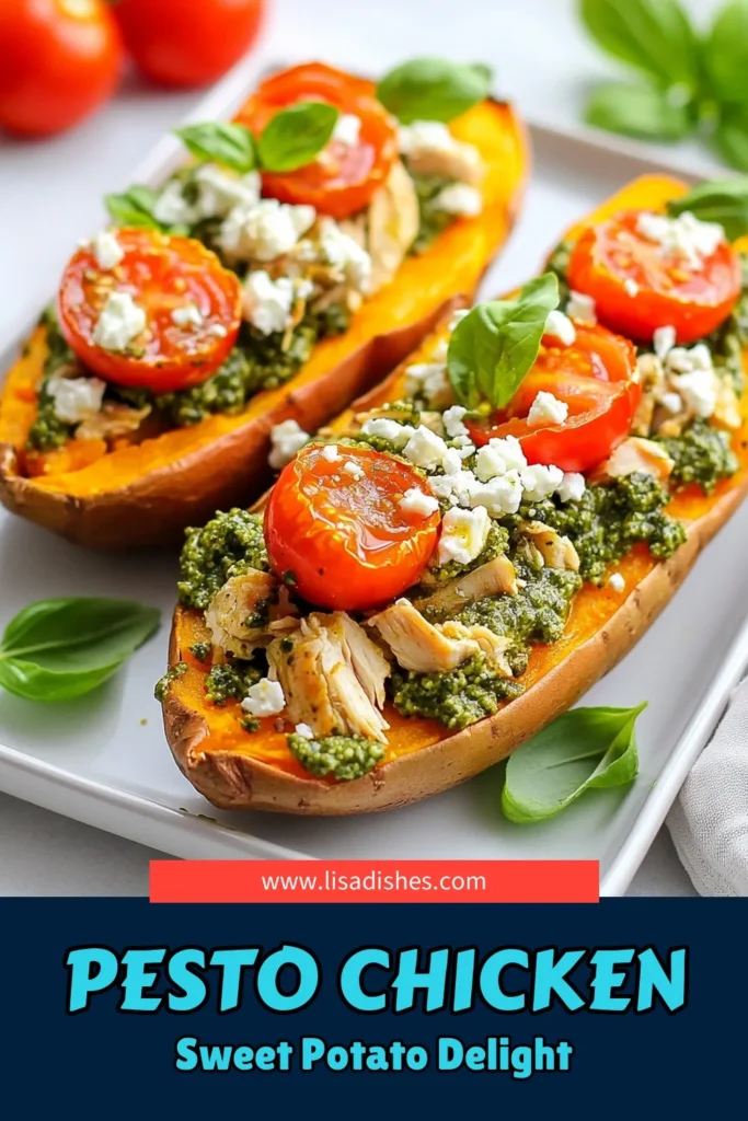 Discover the deliciousness of Pesto Chicken Stuffed Sweet Potatoes! This healthy twist on sweet potato recipes combines tender sweet potatoes with shredded chicken and vibrant basil pesto for a satisfying meal. Perfect for an easy stuffed sweet potatoes dinner, these Mediterranean stuffed sweet potatoes are a crowd-pleaser. Get your family excited about dinner and save this flavorful recipe for later! #PestoChickenStuffedSweetPotatoes #HealthyRecipes #StuffedSweetPotatoes #MediterraneanRecipes