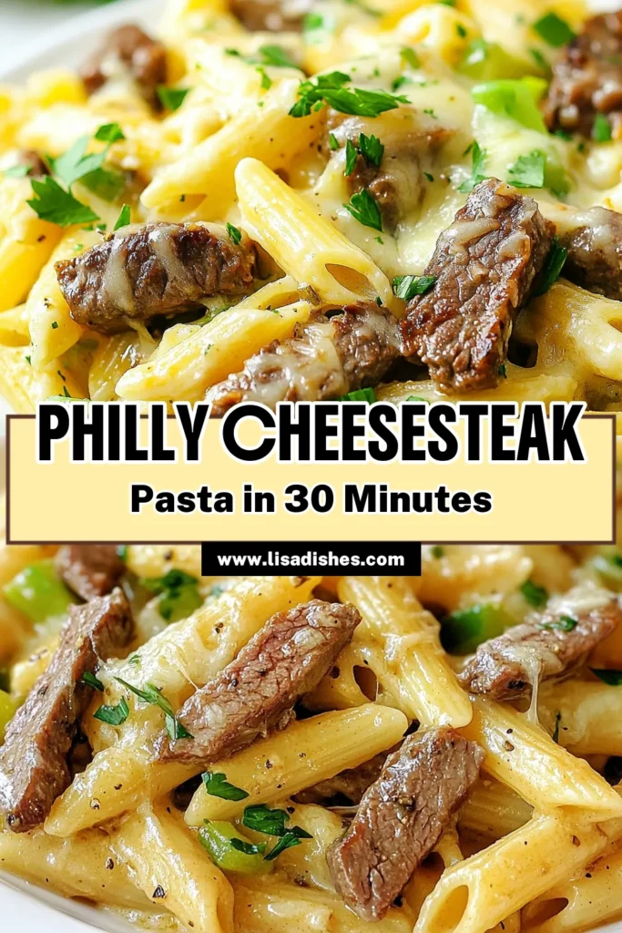 Indulge in this delicious Philly cheesesteak pasta that's quick and easy, perfect for busy weeknight dinners. This creamy pasta dish combines tender ribeye steak with provolone cheese for a comforting twist on your favorite classic. Try this ribeye steak pasta recipe to satisfy your cravings tonight! Save this easy recipe for creamy pasta dishes now and enjoy a taste sensation. #PhillyCheesesteakPasta #EasyWeeknightDinners #CreamyPastaDishes #PastaWithProvoloneCheese