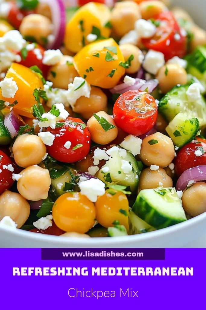 Discover a delicious and vibrant Mediterranean chickpea salad that’s perfect for any meal! Packed with fresh ingredients, this vegan Mediterranean salad is not only easy to make but also a healthy chickpea recipe that everyone will enjoy. Serve this chickpea salad with feta for extra flavor, or keep it vegan by leaving out the cheese. Try this easy salad recipe today and elevate your dining experience! Save for later! #MediterraneanChickpeaSalad #HealthyChickpeaRecipes #EasySaladRecipes #VeganMediterraneanSalad