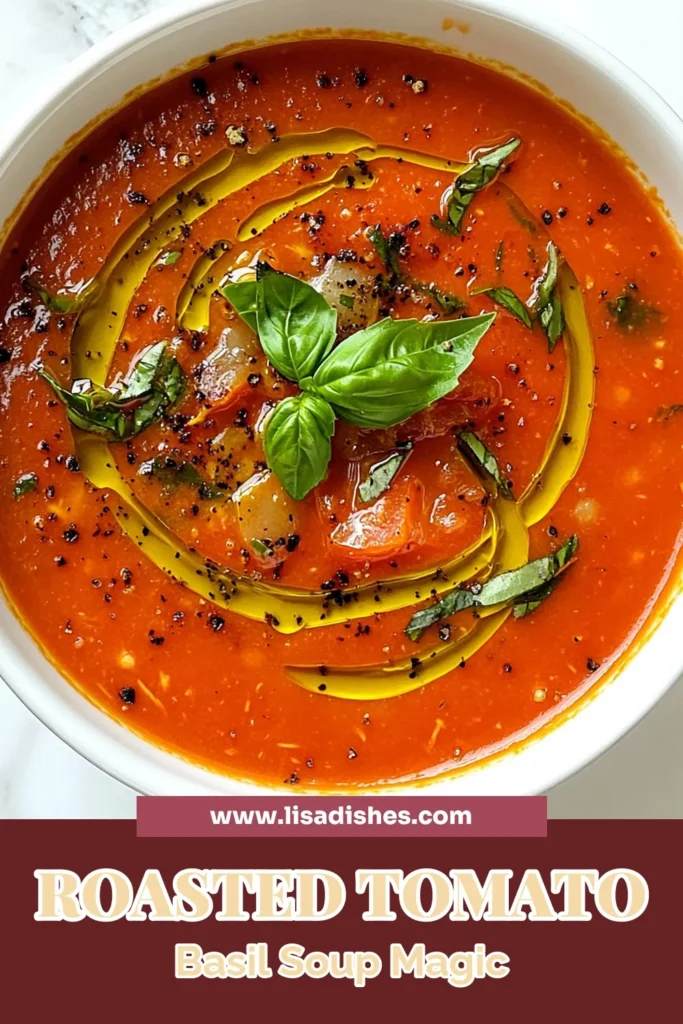 Discover the deliciousness of Roasted Tomato Basil Soup with this easy tomato basil recipe. This vegetarian tomato soup is made with ripe tomatoes, fresh basil, and a touch of cream for that perfect creamy tomato basil soup vibe. Ideal for cozy dinners, this homemade roasted tomato soup is sure to impress. Ready to elevate your soup game? Save the recipe and enjoy this comforting dish! #TomatoBasilSoup #VegetarianRecipes #ComfortFood #HomemadeSoup