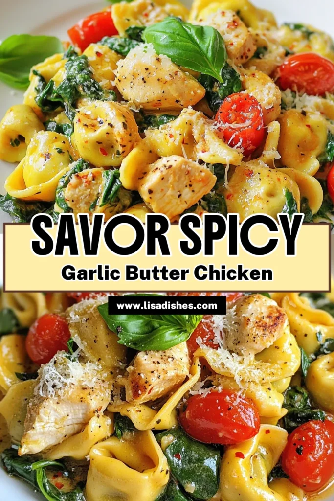Indulge in this Spicy Garlic Butter Chicken Tortellini for an unforgettable easy weeknight dinner! This chicken tortellini dish combines tender chicken, cheesy tortellini, and a creamy garlic sauce bursting with flavor. Perfect for busy nights, it's a delightful addition to your collection of tortellini recipes. Ready in just 25 minutes, it's a simple meal everyone will love. Try it today and savor the deliciousness! #SpicyGarlicButterChicken #TortelliniRecipes #EasyWeeknightDinner #CreamyGarlicPasta