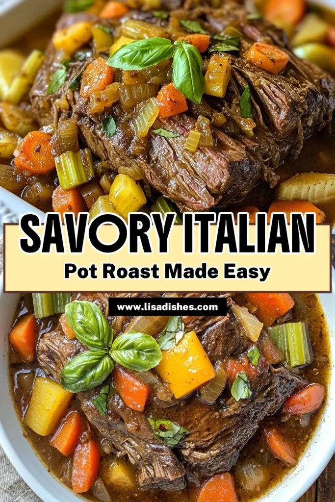 Discover the ultimate Italian pot roast recipe perfect for your next family dinner. This beef chuck roast Italian style is a delicious slow cooker pot roast that guarantees tender roast beef every time. Simmered with savory vegetables, herbs, and spices, it embodies the essence of Italian comfort food. Treat yourself to this satisfying meal that'll impress everyone. Save this recipe for a hearty feast! #ItalianPotRoast #ComfortFood #SlowCookerRecipes #BeefRecipes