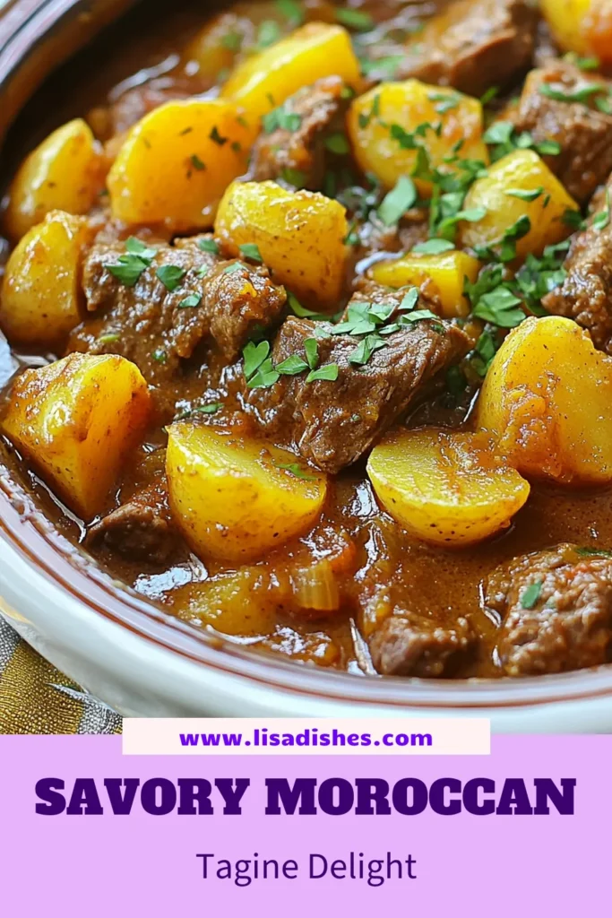 Discover the flavors of authentic Moroccan cuisine with this easy Moroccan beef tagine recipe. This beef potato stew recipe is not only delicious but also packed with healthy ingredients. Perfect for any dinner, this healthy beef recipe pairs tender beef with potatoes, aromatic spices, and sweet apricots, making it a crowd-pleaser. Save this recipe for a comforting meal tonight! #MoroccanBeefTagine #BeefPotatoStew #HealthyBeefRecipes #EasyTagineRecipe