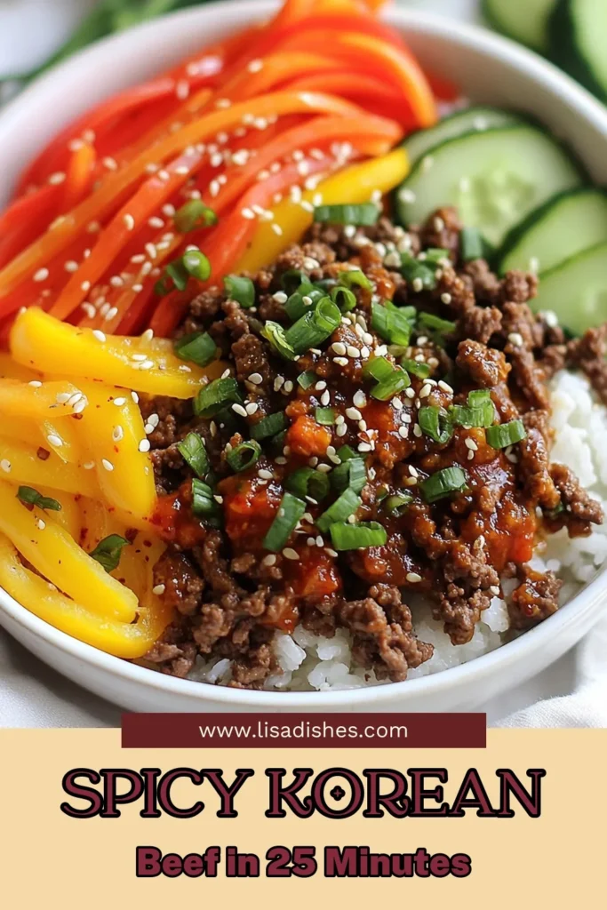 Looking for a delicious and Quick spicy beef dinner? Try these Spicy Korean Beef Bowls! This Easy Korean beef recipe features ground beef cooked with gochujang for a burst of flavor. Serve the Korean beef bowls with rice topped with fresh veggies for an irresistible meal. Perfect for busy weeknights! Save this Gochujang beef recipe for a tasty dinner idea. #SpicyKoreanBeefBowls #EasyKoreanBeefRecipe #KoreanBeefBowls #QuickDinnerIdeas