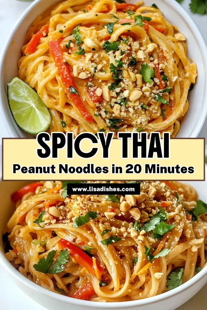 Savor the flavor with this Spicy Thai Peanut Noodles recipe that's sure to impress! This easy Thai noodle dish features perfectly cooked rice noodles tossed in a creamy peanut butter sauce pasta, making it a delightful vegan Thai peanut noodles option for any meal. With vibrant veggies and a kick of spice, it’s a win for your dinner table. Get the recipe now and bring a taste of Thailand home! #ThaiNoodles #VeganRecipes #PeanutSauce #EasyDinnerIdeas