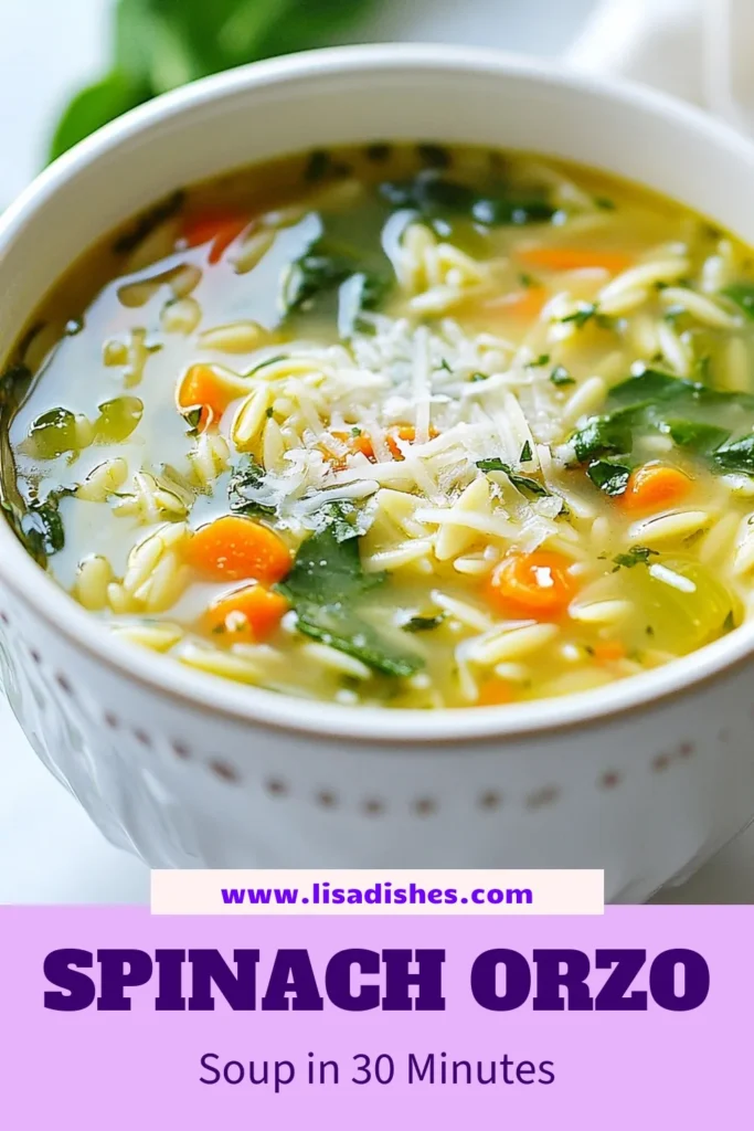 Warm up with this delicious Spinach Orzo Soup, a healthy soup with spinach that's perfect for any day! This easy soup recipe combines orzo pasta, fresh vegetables, and savory spices—all in one pot! A quick and nutritious vegetable soup recipe, it’s not only satisfying but also packed with flavor. Don’t miss out on this simple recipe; try it today and save it for later! #SpinachOrzoSoup #EasySoupRecipes #HealthySoup #OnePotOrzoSoup