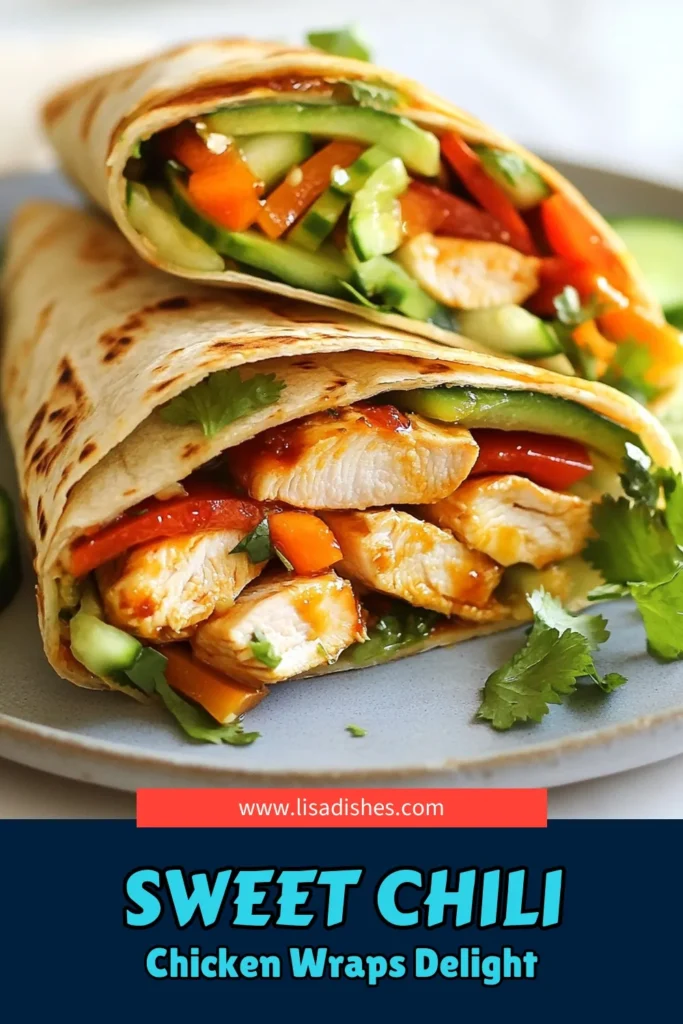 Try these delicious sweet chili chicken wraps for a quick and healthy dinner! Made with grilled chicken, vibrant veggies, and drizzled with sweet chili sauce, these easy dinner recipes are perfect for any night. These Asian-inspired chicken recipes are wrapped in healthy tortilla wraps that are both satisfying and nutritious. Save this recipe for a delightful meal your family will love! #SweetChiliChickenWraps #GrilledChickenWraps #EasyDinnerRecipes #HealthyTortillaWraps