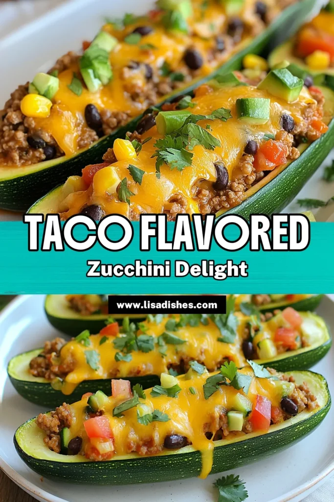 Savor the flavors of Cheesy Taco Stuffed Zucchini Boats, a delicious twist on taco night! This healthy stuffed zucchini boats recipe combines ground turkey, black beans, and corn, all baked to perfection. Perfect for an easy zucchini dinner recipe that’s both nutritious and satisfying! Try this ground turkey zucchini recipe today and enjoy a flavorful meal that's sure to impress. Save and share the recipe! #HealthyEating #ZucchiniRecipes #TacoNight #MealPrepIdeas