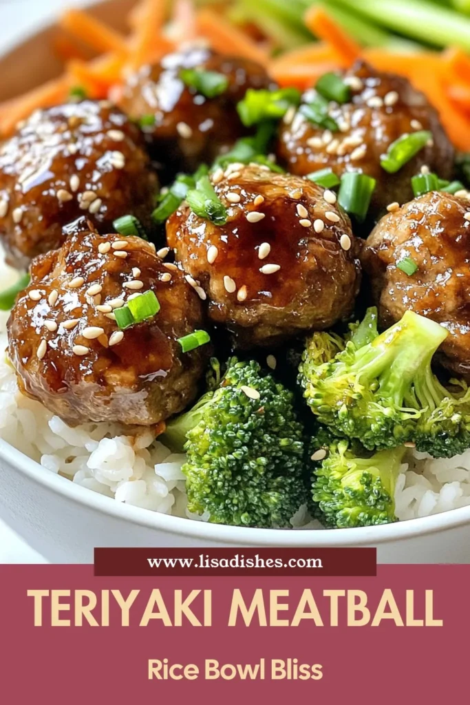 Looking for a delicious weeknight meal? Try this easy teriyaki meatball recipe that transforms ground beef into savory meatballs served over fluffy jasmine rice. These healthy teriyaki dinner bowls are packed with flavor and topped with fresh vegetables like broccoli and carrots. Perfect for busy nights, these rice bowl recipes are a family favorite! Save and try this tasty dish today! #TeriyakiMeatballs #RiceBowlRecipes #EasyDinner #HealthyEating