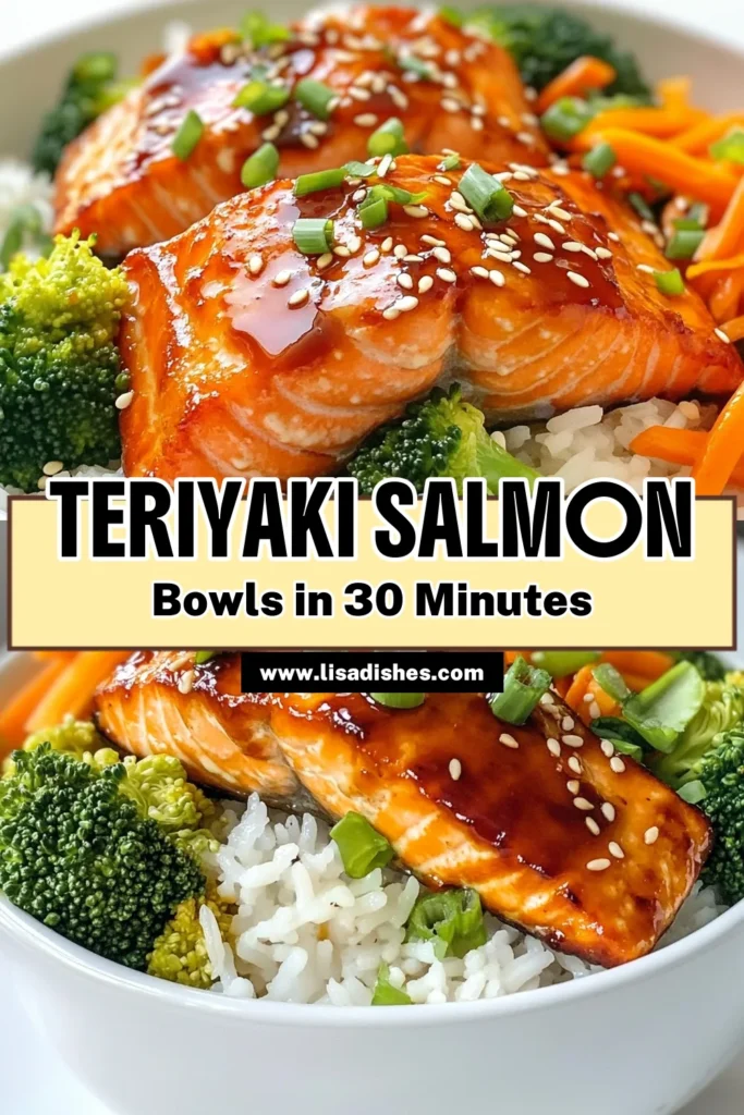 Create a delightful dinner with this teriyaki salmon recipe that will impress your family! These salmon rice bowls feature tender salmon glazed in a delicious teriyaki sauce, served over fluffy jasmine rice. This healthy teriyaki recipe pairs perfectly with vibrant veggies for a nutritious meal. Enjoy a quick salmon dinner that’s both simple and satisfying. Try it now and save for later! #TeriyakiSalmon #SalmonRiceBowl #JasmineRice #HealthyRecipes